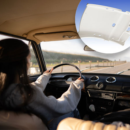 Rückansicht einer Frau, die am Steuer eines Autos sitzt. In der rechten Ecke des Bildes ist das Produktbild des Fahrzeugdachhimmels zu sehen.