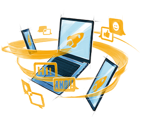 The graphic shows a scribbled, opened laptop, tablet and smartphone. Icons fly around it, visualizing communication.